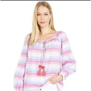 J. Crew Peasant Top Metallic Pastel Stripe Front Tassel Tie Size Small Oversized